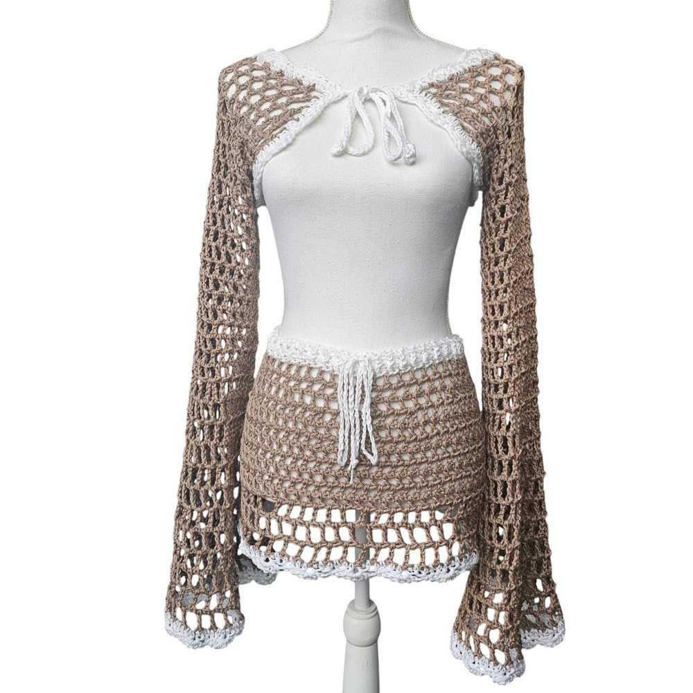 Handmade Crochet Festival Set, Bell Sleeve Front Tie Shrug & Mini Skirt, Taupe - Picture 9 of 14